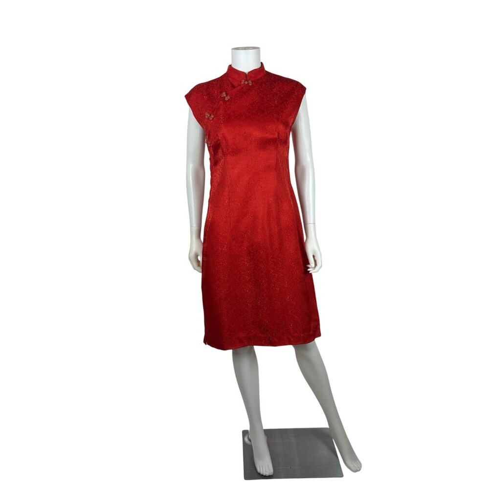Vintage 50s Red Cheongsam Womens S Mandarin Collar Floral Jacquard Qipao Dress